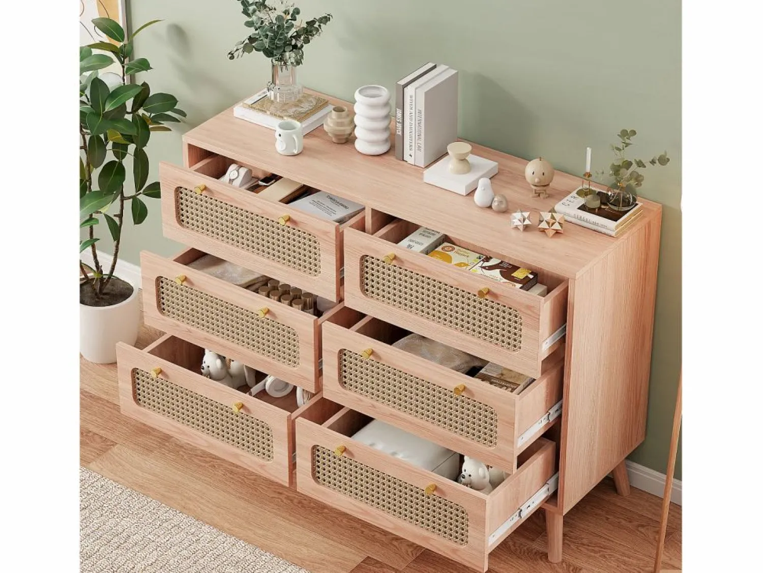 Discount Cómoda de 6 cajones - Cómoda de ratán para dormitorio - Cómoda de madera con tiradores dorados - 100x34x73cm Muebles Niño