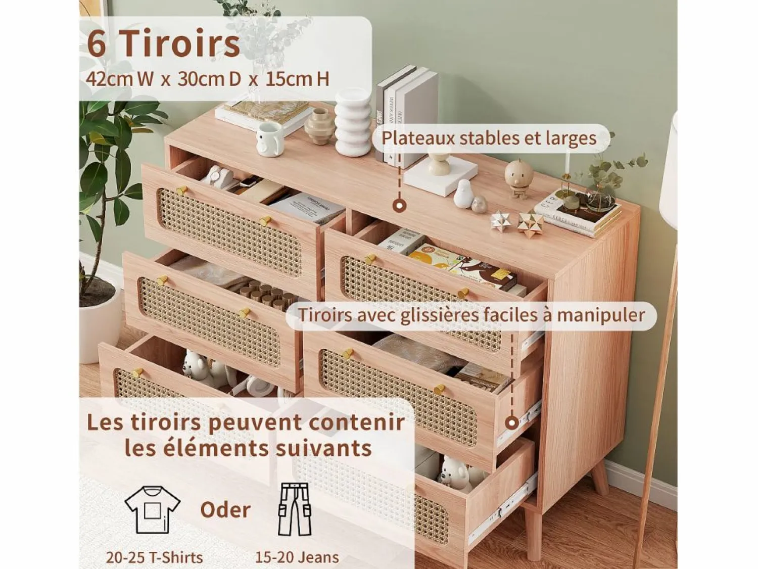 Discount Cómoda de 6 cajones - Cómoda de ratán para dormitorio - Cómoda de madera con tiradores dorados - 100x34x73cm Muebles Niño