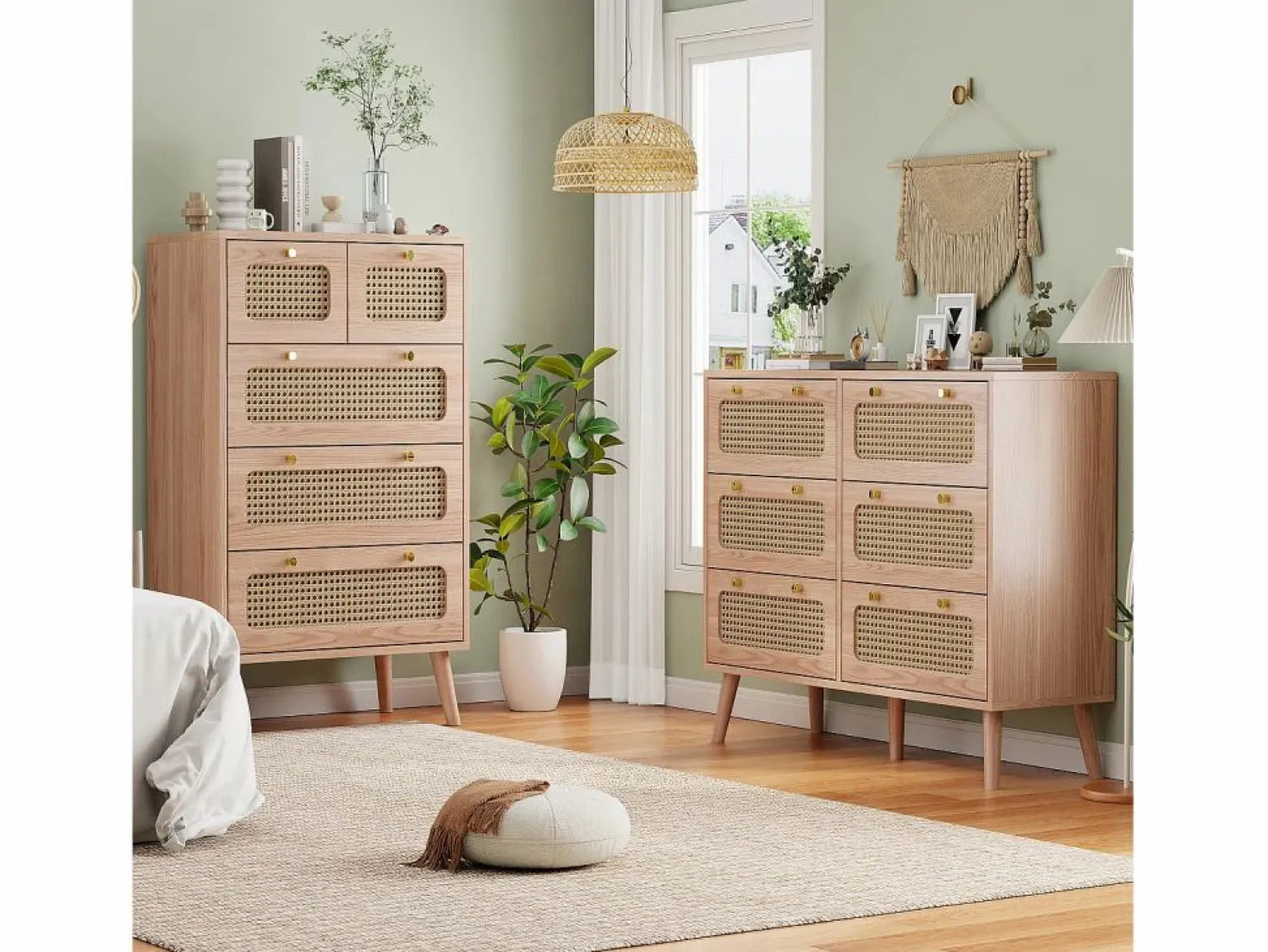 Discount Cómoda de 6 cajones - Cómoda de ratán para dormitorio - Cómoda de madera con tiradores dorados - 100x34x73cm Muebles Niño