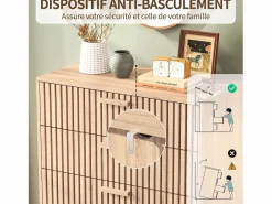 Cómoda de 4 cajones - Tiradores y patas de madera - Diseño de líneas - Cómoda moderna de 4 cajones en madera y ratán