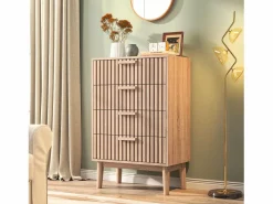 Cómoda de 4 cajones - Tiradores y patas de madera - Diseño de líneas - Cómoda moderna de 4 cajones en madera y ratán
