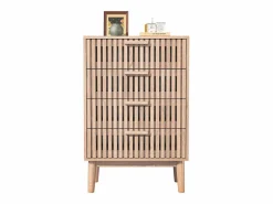 Cómoda de 4 cajones - Tiradores y patas de madera - Diseño de líneas - Cómoda moderna de 4 cajones en madera y ratán
