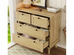 Sale Cómoda de 4 cajones con cajones de ratán y patas de madera maciza, para dormitorio, salón, 80x80x40cm Cómoda
