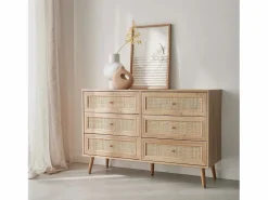 Sale Cómoda de 6 cajones con efecto madera y caña natural Cómoda
