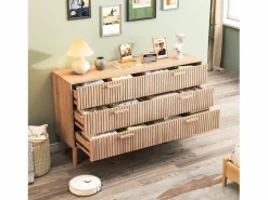 Cómoda de 6 cajones con tiradores de madera y patas de apoyo, para recibidor o salón, color madera