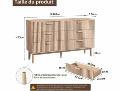 Cómoda de 6 cajones con tiradores de madera y patas de apoyo, para recibidor o salón, color madera