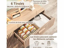 Online Cómoda de dormitorio de madera y ratán con 6 cajones, mueble de almacenaje multifuncional, armario de madera natural con cajones. Cómoda