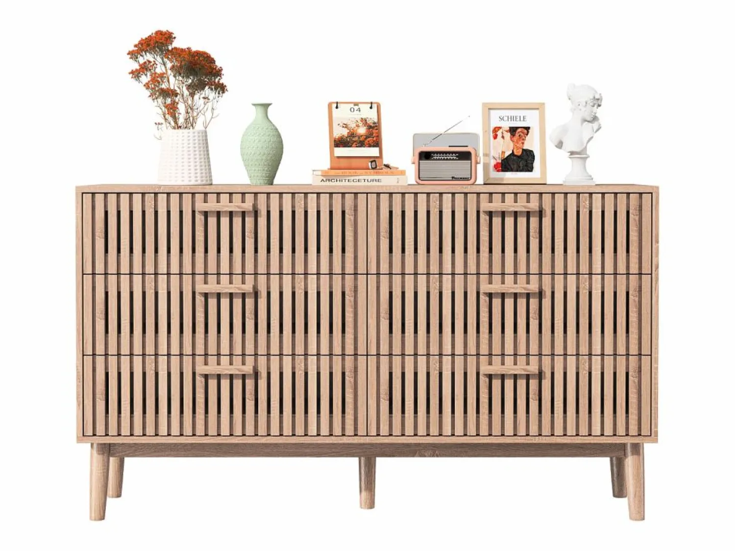 Online Cómoda de dormitorio de madera y ratán con 6 cajones, mueble de almacenaje multifuncional, armario de madera natural con cajones. Cómoda