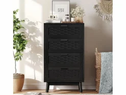 Hot Cómoda de mimbre con 4 cajones - con tiradores y patas - 55 x 39,8 x 95 cm - mueble de almacenaje - Negro