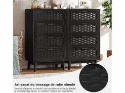 Hot Cómoda de mimbre con 4 cajones - con tiradores y patas - 55 x 39,8 x 95 cm - mueble de almacenaje - Negro