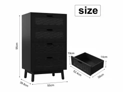 Hot Cómoda de mimbre con 4 cajones - con tiradores y patas - 55 x 39,8 x 95 cm - mueble de almacenaje - Negro