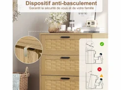 Hot Cómoda de mimbre con 4 cajones - con tiradores y patas - 55 x 39,8 x 95 cm - mueble de almacenaje - color roble Muebles Niño