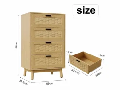 Hot Cómoda de mimbre con 4 cajones - con tiradores y patas - 55 x 39,8 x 95 cm - mueble de almacenaje - color roble Muebles Niño