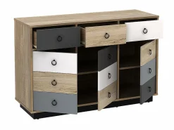 Vente-unique Cómoda KRYPTON de 3 cajones y 3 puertas - Roble, blanco, gris