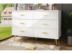Merax Cómoda moderna de 6 cajones - 120 x 40 x 75 cm - Patas doradas - Puertas tridimensionales - MDF + metal -