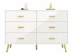 Merax Cómoda moderna de 6 cajones - 120 x 40 x 75 cm - Patas doradas - Puertas tridimensionales - MDF + metal -