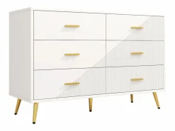 Merax Cómoda moderna de 6 cajones - 120 x 40 x 75 cm - Patas doradas - Puertas tridimensionales - MDF + metal -