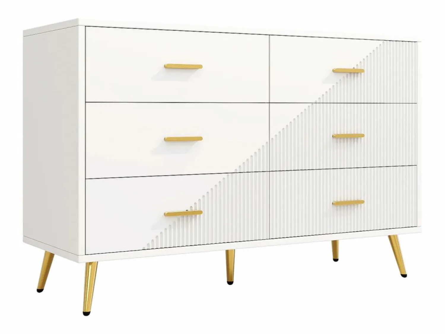 Merax Cómoda moderna de 6 cajones - 120 x 40 x 75 cm - Patas doradas - Puertas tridimensionales - MDF + metal -