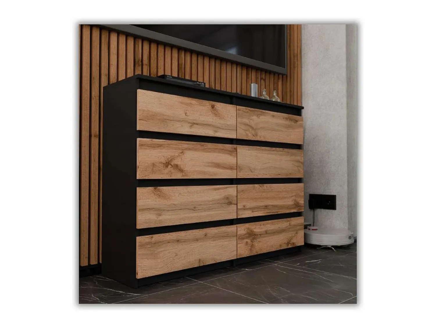 Online Cómoda moderna de 120 cm en negro mate y roble Wotan – 8 cajones, gran mueble de almacenamiento para el salón Negro / Color natural claro