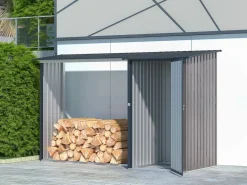 Discount Cobertizo para la leña de metal de acero con remise 3,49 m3 2 estéreos Ancho 302 x Prof. 119 x Alt. 190 cm DORWOOD Caseta De Jardín