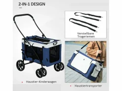 Cochecito para perros 2 en 1, cesta extraíble, poliéster, , con 2 correas de seguridad y plegable (81 x 58 x 97,5 cm)