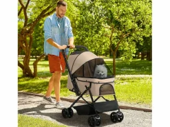 Cochecito para perros y gatos pequeños, diseño plegable con techo ajustable, poliéster marrón (76,5 x 52 x 95 cm)