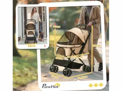 Cochecito para perros y gatos pequeños, diseño plegable con techo ajustable, poliéster marrón (76,5 x 52 x 95 cm)