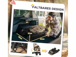 Cochecito para perros y gatos pequeños, diseño plegable con techo ajustable, poliéster marrón (76,5 x 52 x 95 cm)