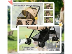 Cochecito para perros y gatos pequeños, diseño plegable con techo ajustable, poliéster marrón (76,5 x 52 x 95 cm)