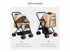 Cochecito para perros y gatos pequeños, diseño plegable con techo ajustable, poliéster marrón (76,5 x 52 x 95 cm)