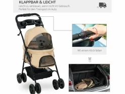 Sale Cochecito plegable para perros pequeños y gatos, tela Oxford, color , con almacenamiento y ruedas giratorias (67 x 45 x 96 cm) Caqui