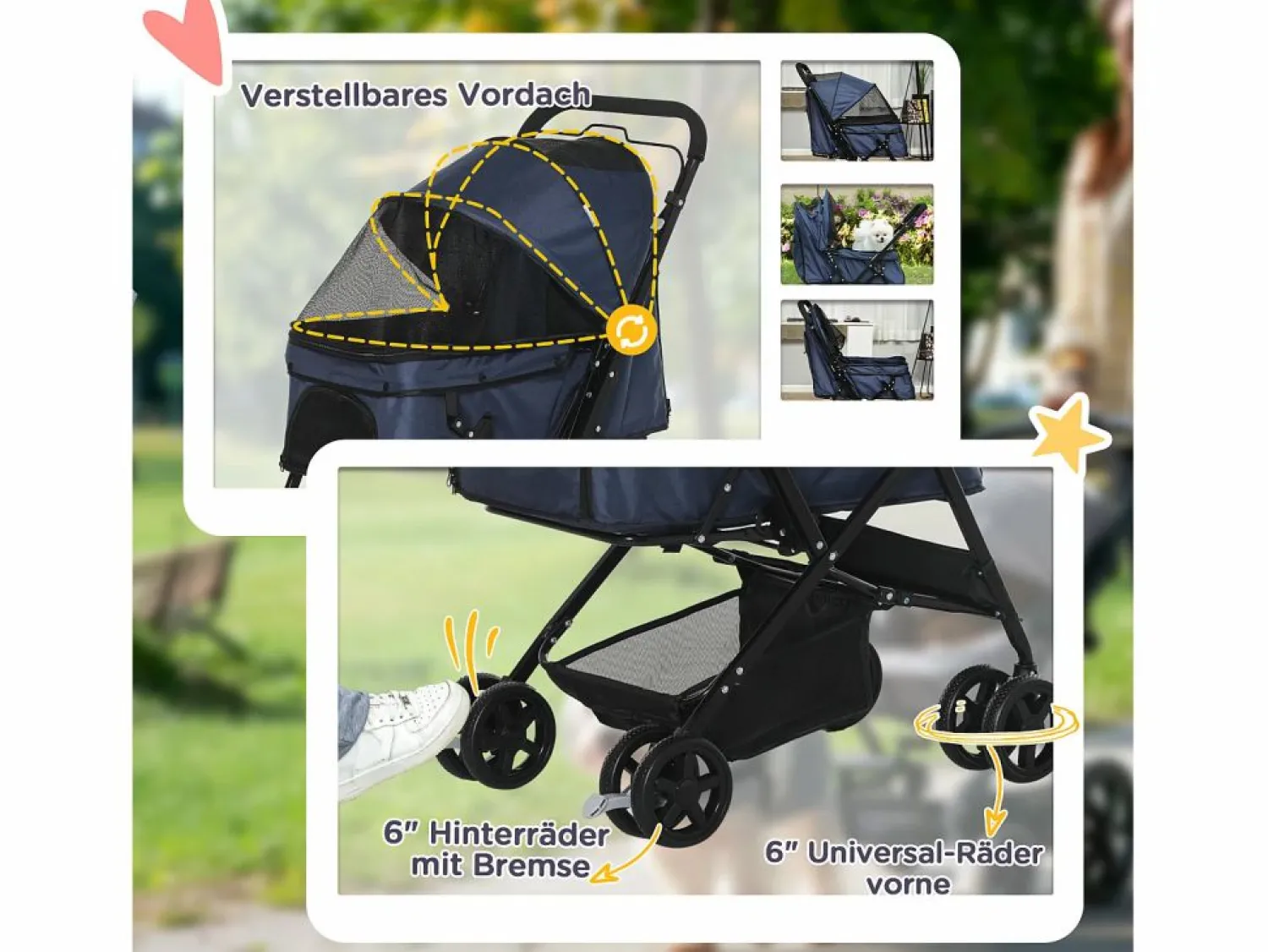 Discount Cochecito plegable para perros y gatos, poliéster resistente, , con ruedas giratorias y funda ajustable (76,5 x 52 x 95 cm) Transportín De Paseo Para Animales