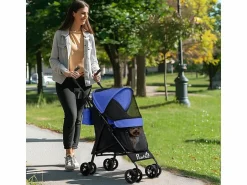 Cochecito plegable para perros y gatos hasta 4 kg, poliéster, oscuro, con ventanas de malla y almacenaje (76x44x103 cm) Azul