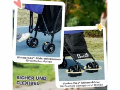 Cochecito plegable para perros y gatos hasta 4 kg, poliéster, oscuro, con ventanas de malla y almacenaje (76x44x103 cm) Azul