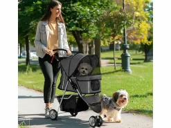 Clearance Cochecito plegable para perros y gatos con cojín, ventanas de malla, portavasos y espacio de almacenamiento, poliéster, oscuro (75 x 45 x 97 cm) Transportín De Paseo Para Animales