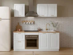 Vente-unique Cocina completa - Con encimera de 200 cm - Blanca y natural - CELOMIA