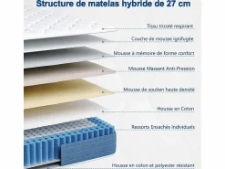 New DripeX Colchón Híbrido 160x200cm - esp.27cm - muelles ensacados 7 zonas - hipoaalergénico - transpirable - Medio-Firme