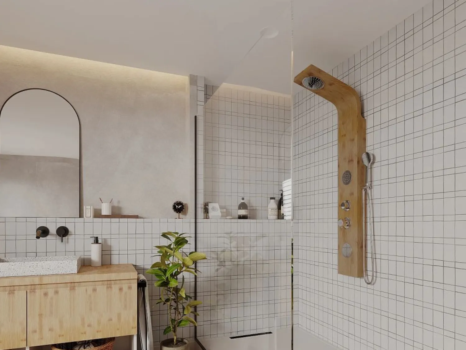 Shower & Design Columna de ducha con hidromasaje TISSIA, panel de bambú