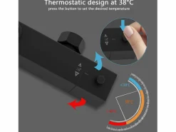 New Aica Columna de Ducha Termostática Mate | Alcachofa Cuadrada Grande | Barra Regulable 73-115cm| Sistema de Ducha Superior Negro