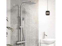 Hot Aica Columna de Ducha Termostática Cromado con Alcachofa Cuadrada, Rociador Superior y Barra Ajustable Plateado
