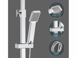 Aica Columna de Ducha Termostática Cromado, Alcachofa Cuadrada y Ducha Superior Grande 20 cm con Barra Redonda Regulable
