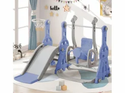 Columpio infantil con tobogán, escalera y columpio con canasta de baloncesto - Parque infantil 4 en 1 - Uso interior y exterior - Azul