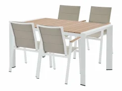 MYLIA Comedor de jardín de aluminio: una mesa L.150 cm y 4 sillones apilables - Natural claro y blanco - LIOUS de