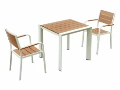 MYLIA Comedor de jardín de aluminio: una mesa de 80 cm y 2 sillones apilables - Natural claro y blanco - NYROS de
