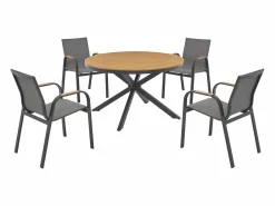 MYLIA Comedor de jardín de aluminio: mesa redonda D.125 cm y 4 sillones - Antracita y natural claro - ZEYVA de