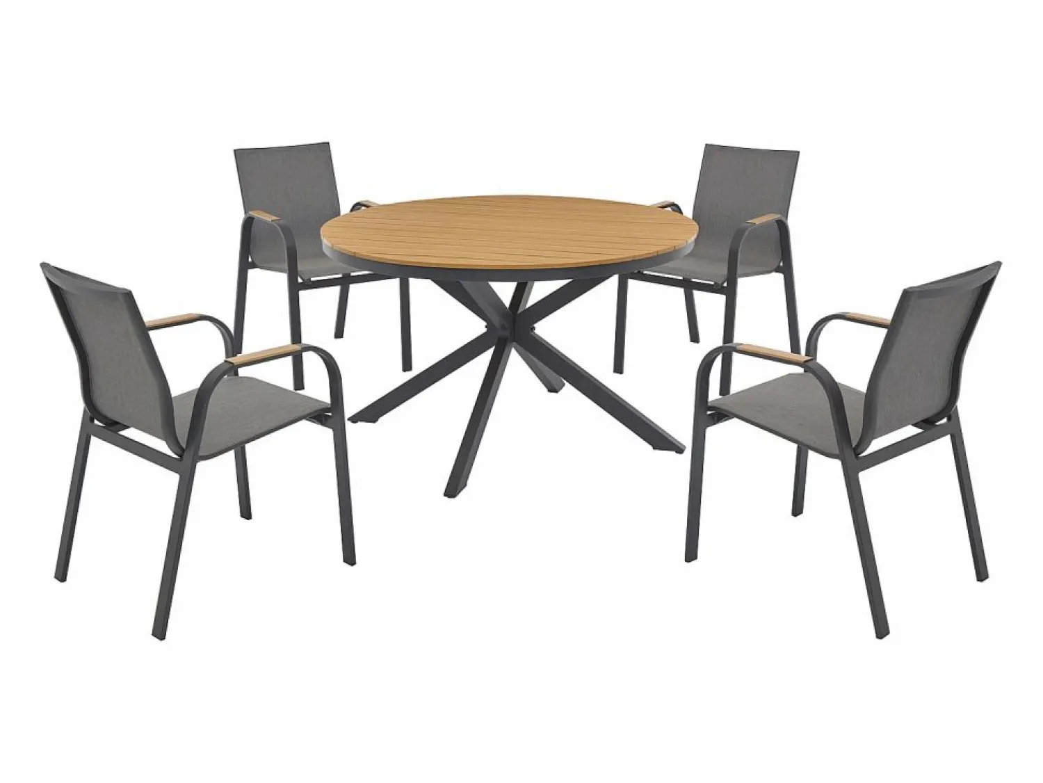 MYLIA Comedor de jardín de aluminio: mesa redonda D.125 cm y 4 sillones - Antracita y natural claro - ZEYVA de