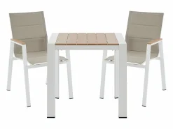 New MYLIA Comedor de jardín de aluminio: una mesa L.80 cm y 2 sillones apilables - Natural claro y blanco - LIOUS de Color natural claro / Blanco