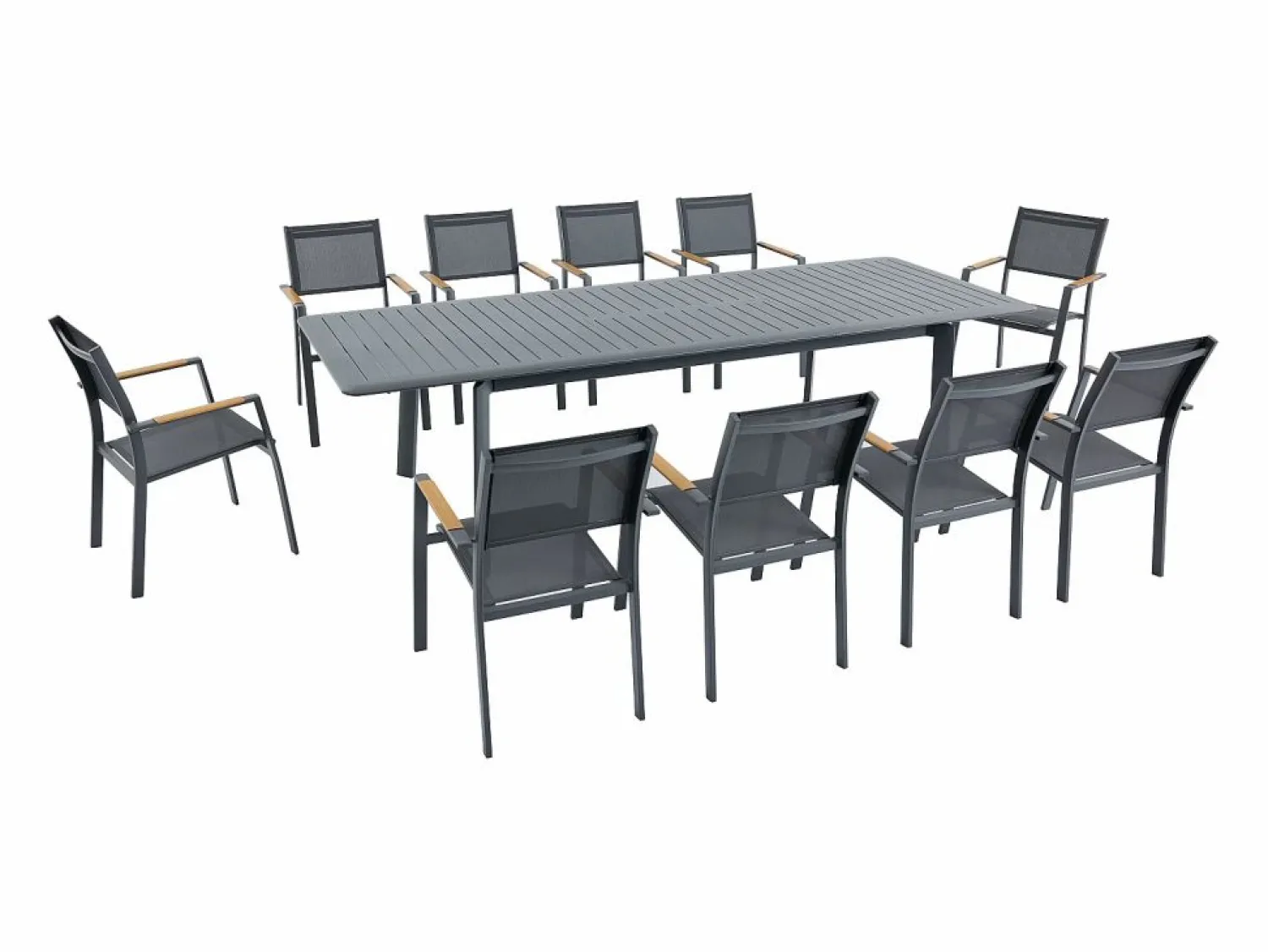 MYLIA Comedor de jardín de aluminio: una mesa extensible L.205/286,5 cm y 10 sillones apilables - Antracita - MACILA de