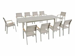 Clearance MYLIA Comedor de jardín de aluminio: mesa extensible L.205/286.5 cm y 10 sillones apilables - Taupe - MACILA de Topo
