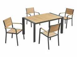 New MYLIA Comedor de jardín de aluminio: una mesa L.150 cm y 4 sillones apilables - Natural claro y antracita - NYROS de Gris antracita / Color natural claro